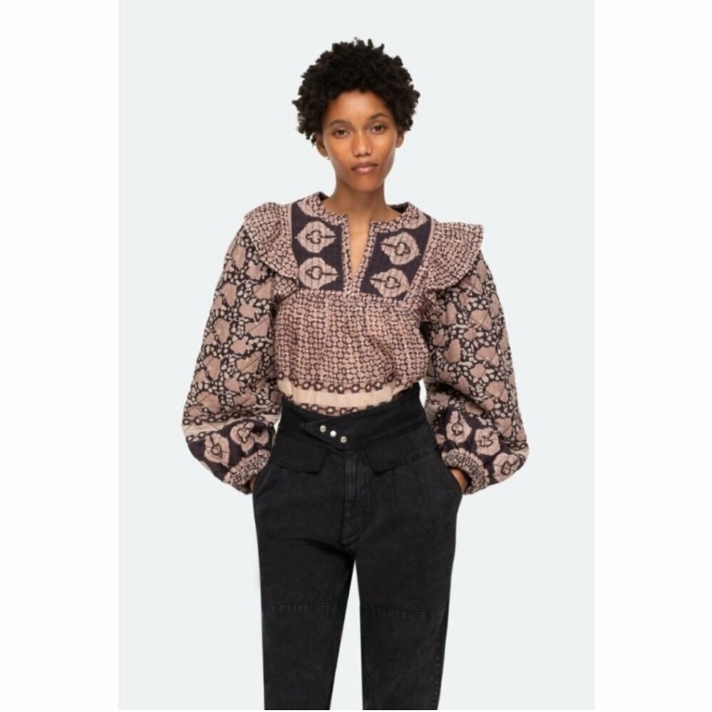 Pink Puff Sleeve Blouse with Ruffled Smocked Details